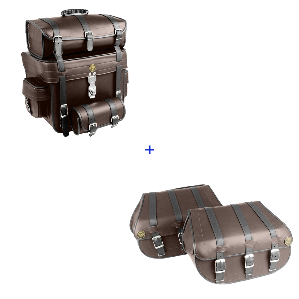 kit de alforge 25 litros marron com liso  e bolsa traseiro 62 litros marron com liso  com chaves sss