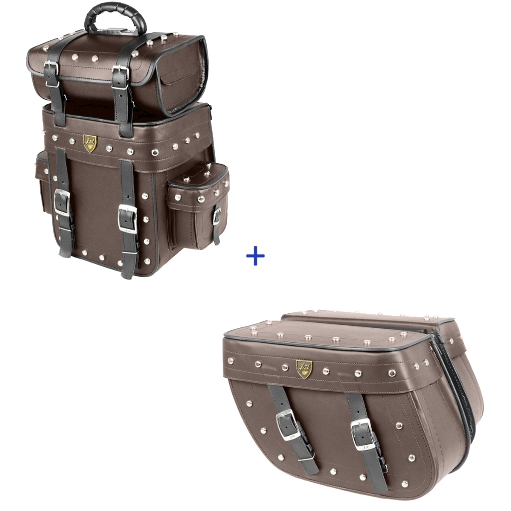 kit de alforge 32 litros marron com cravo  e bolsa traseiro 25 litros marron cravo para motos acima