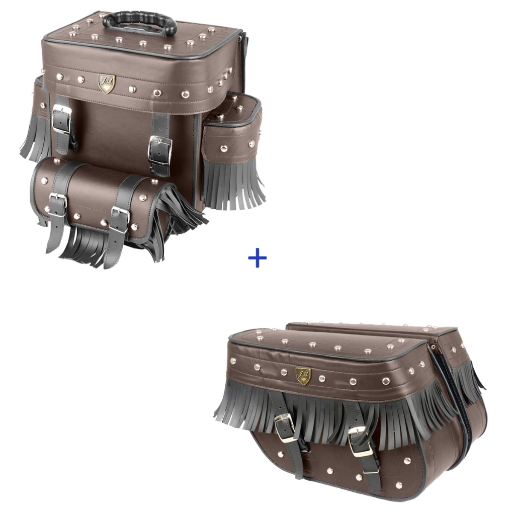 kit de alforge 32 litros marron com cravo e franjas bolsa 29 marron com cravo e franjas acima de 50c