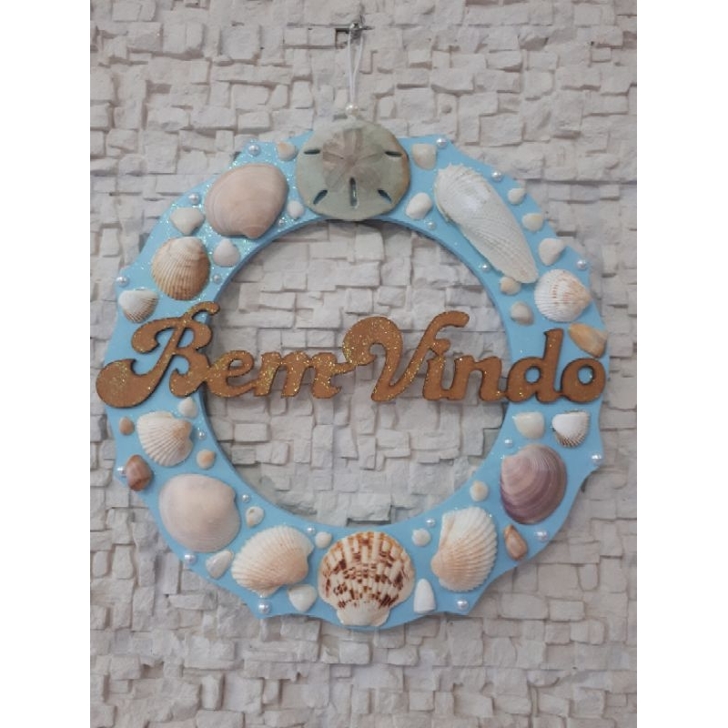 Guirlanda mdf enfeite de porta decoração bem vindo conchas do mar naturais casa decoração casa de praia fundo do mar