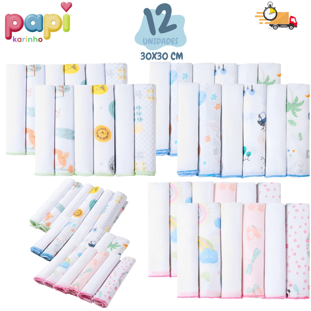 KIT 12 Peças Toalhinha Pano de boca 100% algodão 30cm x 30cm enxoval bebê - Papi