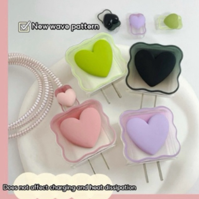 Capinha Conjunto 4pçs Protetora de Carregador e Cabo IPhone de Coração Laço Cor Pastel