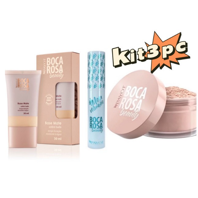 KIT 3 Pecas Base Boca Rosa + Pó Solto Mármore + Boca rosa Mascara Para Cilios