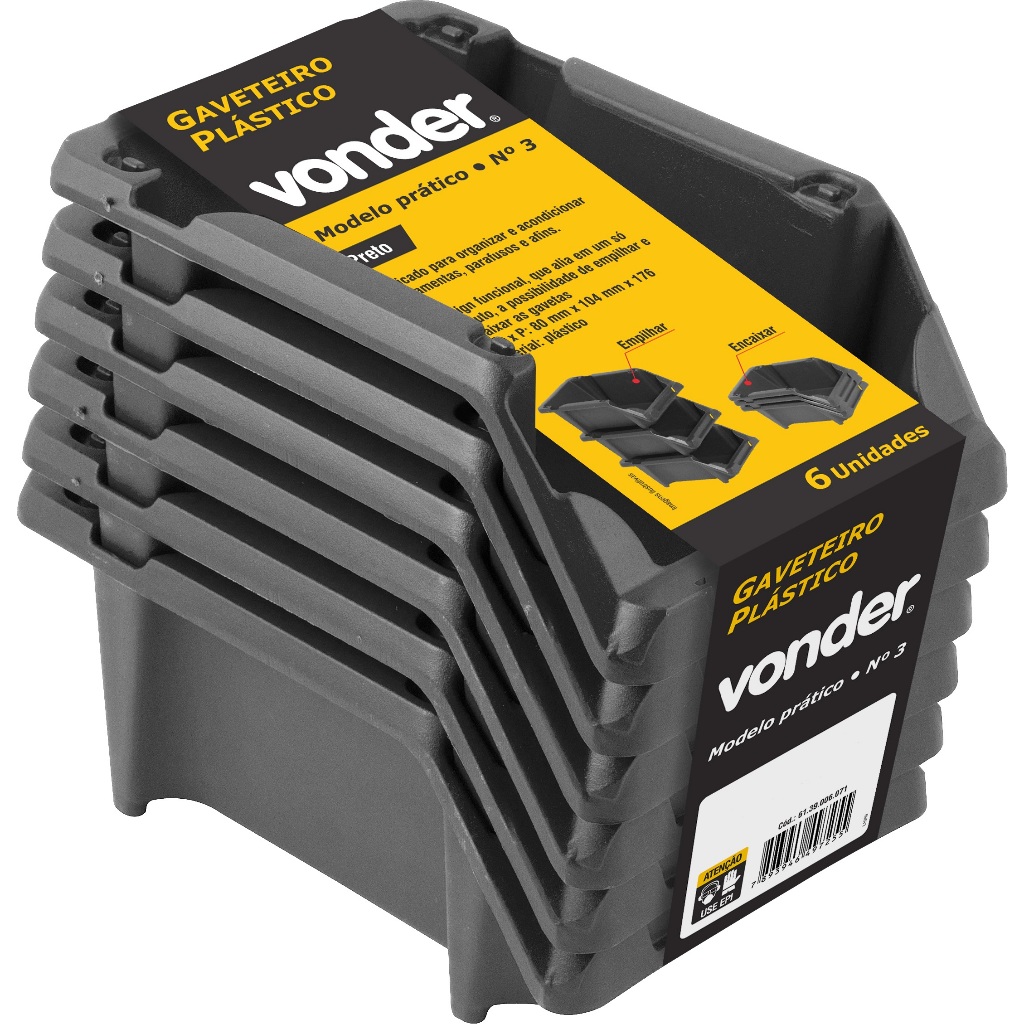 Gaveteiro plástico nº3 de 8,0 cm x 10,4 cm x 17,6 cm modelo prático preto 6 unidades Vonder