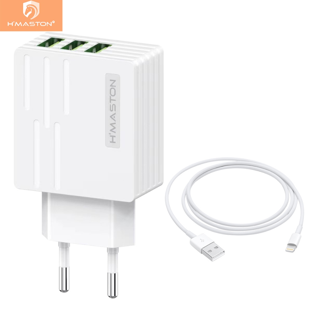 H'maston Y42 5.1A Turbo V8 Lightning/IOS Tipo-c Carregador 3 USB 1Metor em Oferta na Shopee