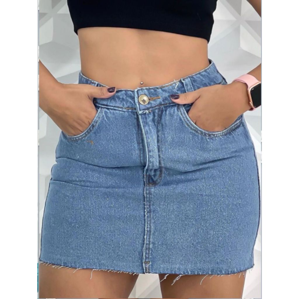 Saia Jeans Feminina Barra Desfiada Brilho 1095 em Oferta na Shopee