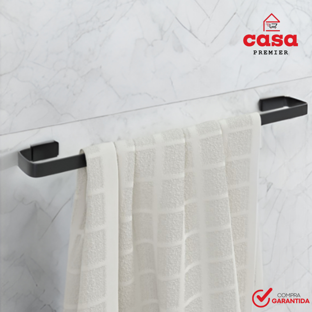 Porta Toalhas Varão De Banho Para Lavabo Banheiro Preto Fosco 51cm Em Metal