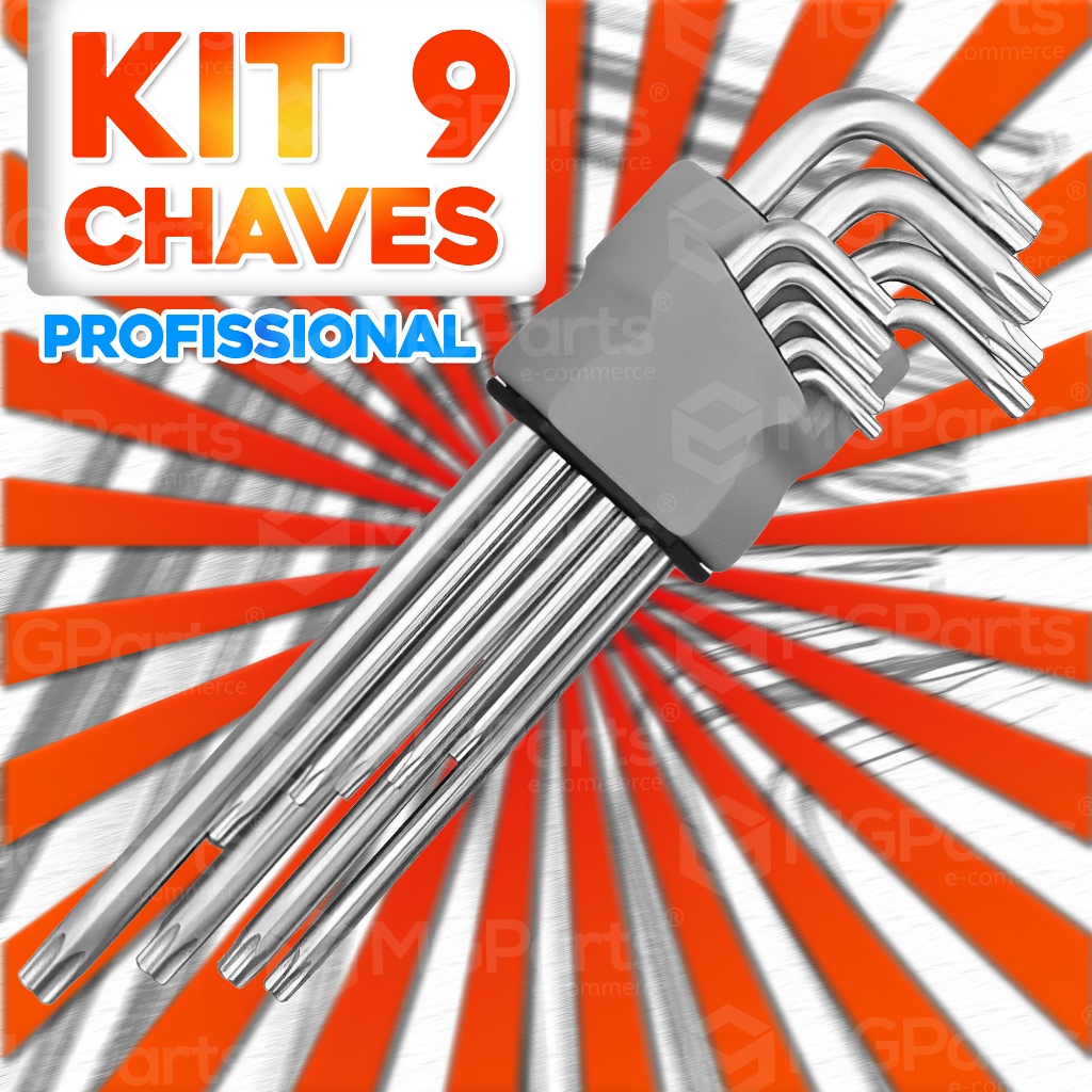 Jogo de Chave Torx 9 Peças Profissional em L com Guia Aço Cromo-Vanádio T10 a T50 Resistente Kit