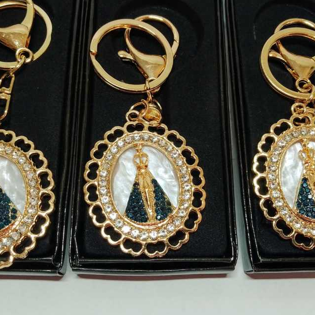 3 Unid. Chaveiro N. Senhora Aparecida Redondo Dourado Strass.