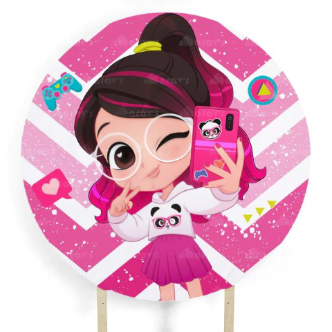 Painel Festa Infantil Redondo Luluca, fundo glitter rosa, formas geométricas + Arco, Suporte incluso. Fazemos personalizado com qualquer tema. Confeccionado em Lona fosca, impressão de alta resolução. cenário Circular p/ Decoração