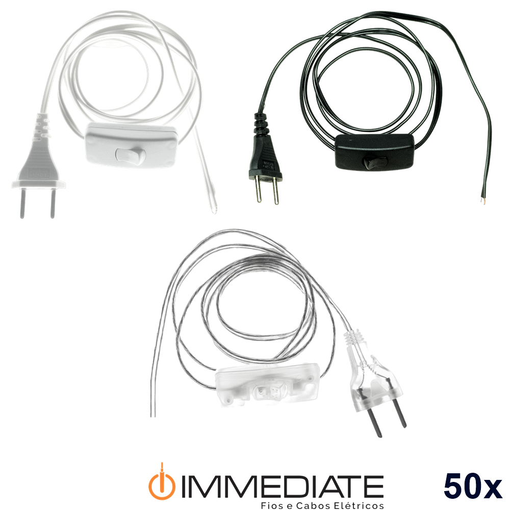 Kit 50 Rabichos C/ Interruptor Abajur 1,00mt Branco, Preto ou Cristal + Tomada