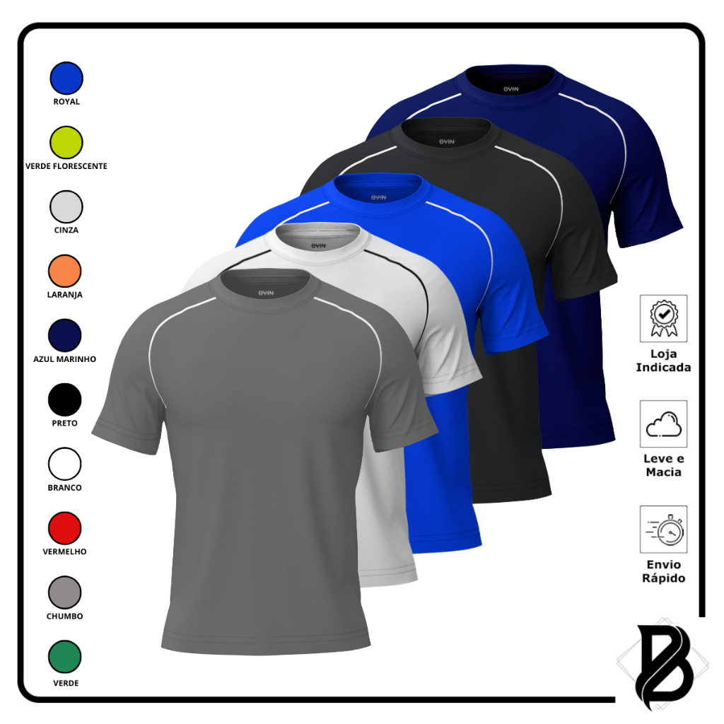 Kit 5 Camisetas DryFitnes Masculina  Casual Treino  Academia  Esportes  Exercícios  Corrid...