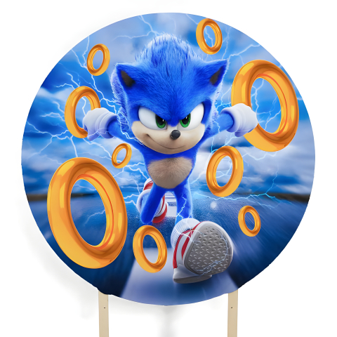 Painel Festa Infantil Redondo Sonic, arcos dourado, raios + Arco, Suporte incluso. Fazemos personalizado com qualquer tema. Confeccionado em Lona fosca, impressão de alta resolução. cenário Circular p/ Decoração