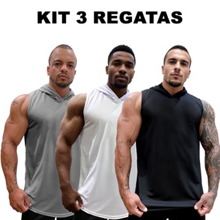 Kit com 3 Camisetas Regatas Masculina Longline Dry com Capuz Lisa Sem Estampa Básica Secagem Rápida em Oferta na Shopee