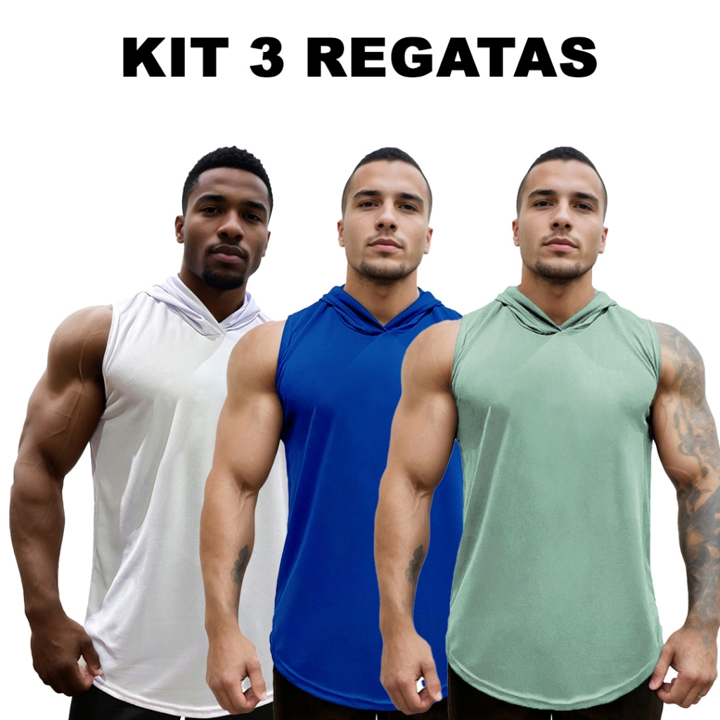 Kit 3 Regatas Branco + Azul Royal + Cores Dry Masculina Long com Capuz Básica Lisa Sem Estampa