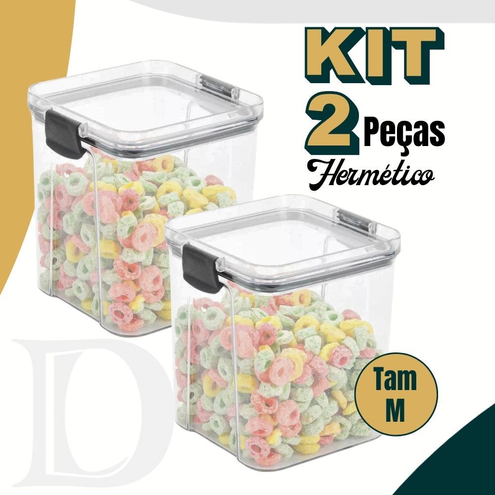 Kit 2 Potes 850 ML Hermético Com Travas Acrílico Transparente Porta Mantimentos Empilhável
