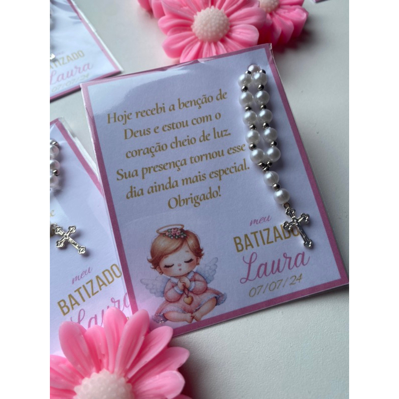 30 Lembrancinha Batismo Mini terço + Cartão personalizado