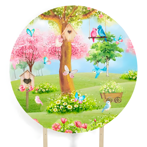 Painel Festa Infantil Redondo Jardim Encantado, Pássaros, Borboletas Aquarela + Arco, Suporte incluso. Fazemos personalizado com qualquer tema. Confeccionado em Lona fosca, impressão de alta resolução. cenário Circular p/ Decoração