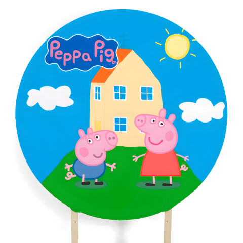 Painel Festa Infantil Redondo Peppa Pig, Jorge, poça de lama  + Arco, Suporte incluso. Fazemos personalizado com qualquer tema. Confeccionado em Lona fosca, impressão de alta resolução. cenário Circular p/ Decoração