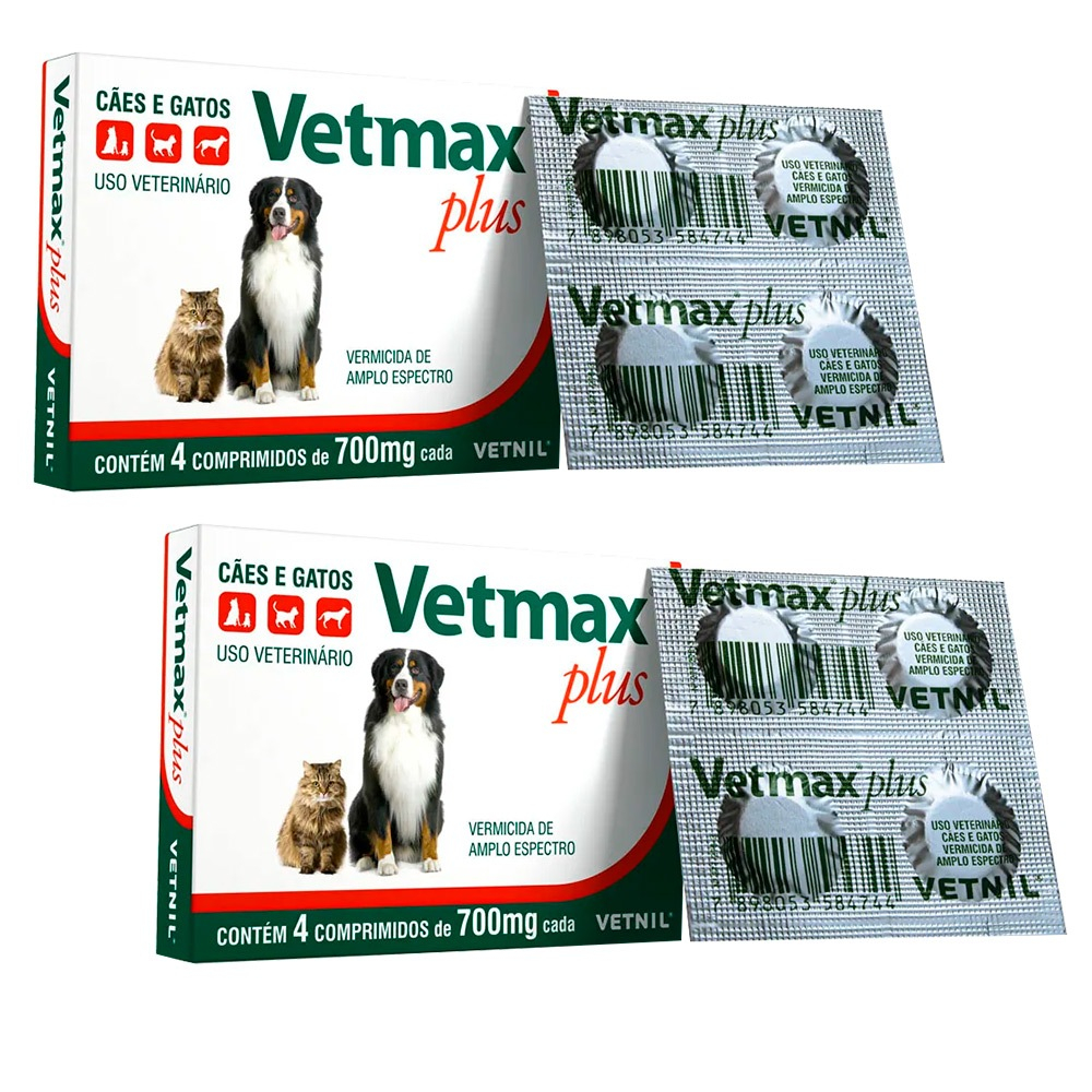 Kit 2 un.Vermífugo Vetmax Plus 700 mg 4 Comprimidos - Pets