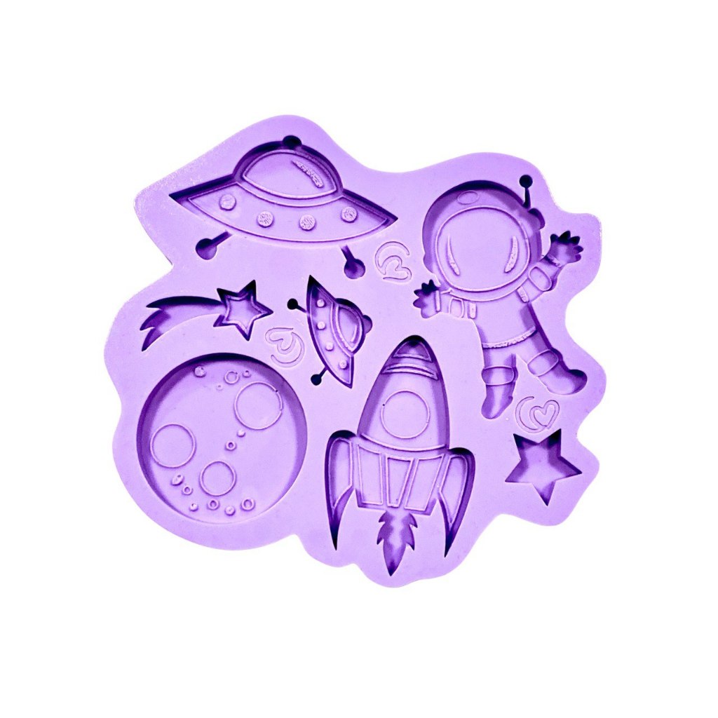 F1620 MOLDE DE SILICONE ASTRONAUTA ´PLANETA FOGUETE DISCO VOADOR CONFEITARIA  BISCUIT