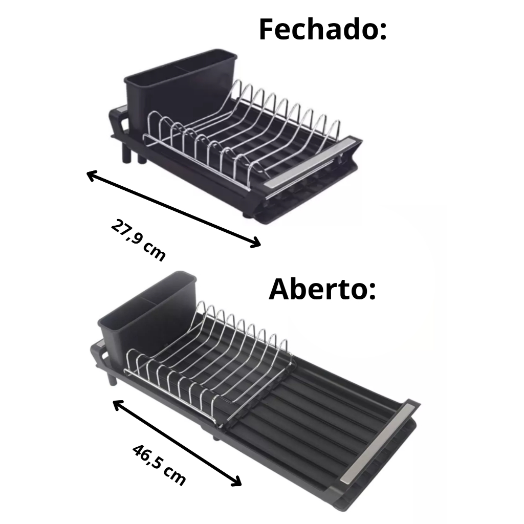 Escorredor Louças Extensível Metalla Aço Escovado Inox Preto Inclinação facilita drenagem ...