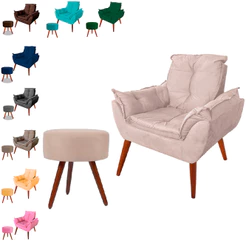 Poltrona Opalla Decorativa Pé Palito Suede Bege Areia + Puff Decorativo Pés Palito Bege
