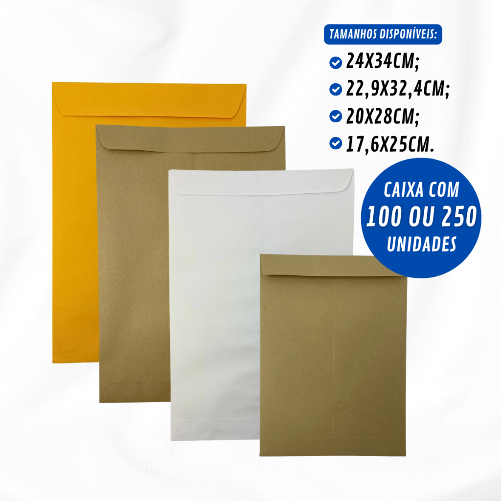 Envelope Saco A4 24 x 34 Caixa C/ 100 Ou 250 Unidades Diversos Tamanhos em Oferta na Shopee