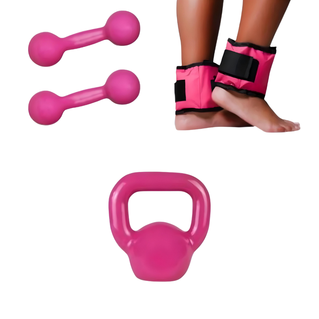Kit Par de Halter 3kg Emborrachado + Par de Caneleira 3kg + Kettlebell 4kg Treino Funcional em Casa