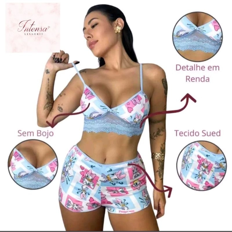 Pijama Baby Dool Alcinha Verão Top Dool Estampado Luxo Personagem Suede
