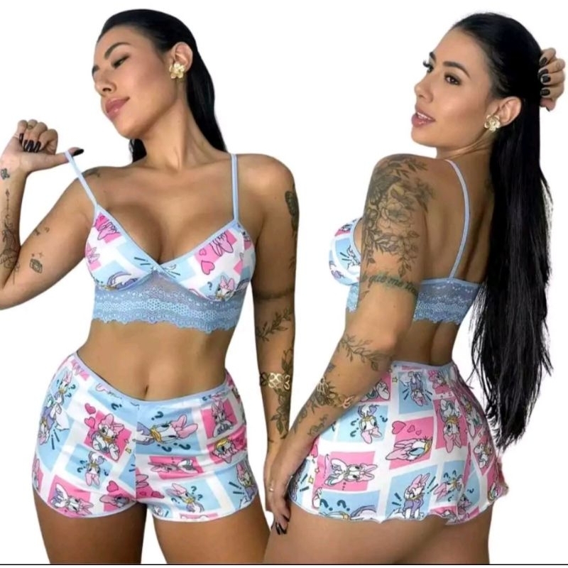 Pijama Baby Dool Alcinha Verão Top Dool Estampado Luxo Personagem Suede