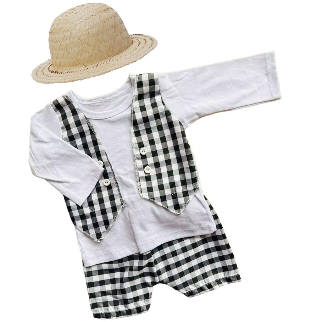 Conjunto Bebê Menino Blusa Xadrez Manga Longa Festa Junina Mesversário Roupa Caipira Arraial Temático Junino E Chapéu De Palha
