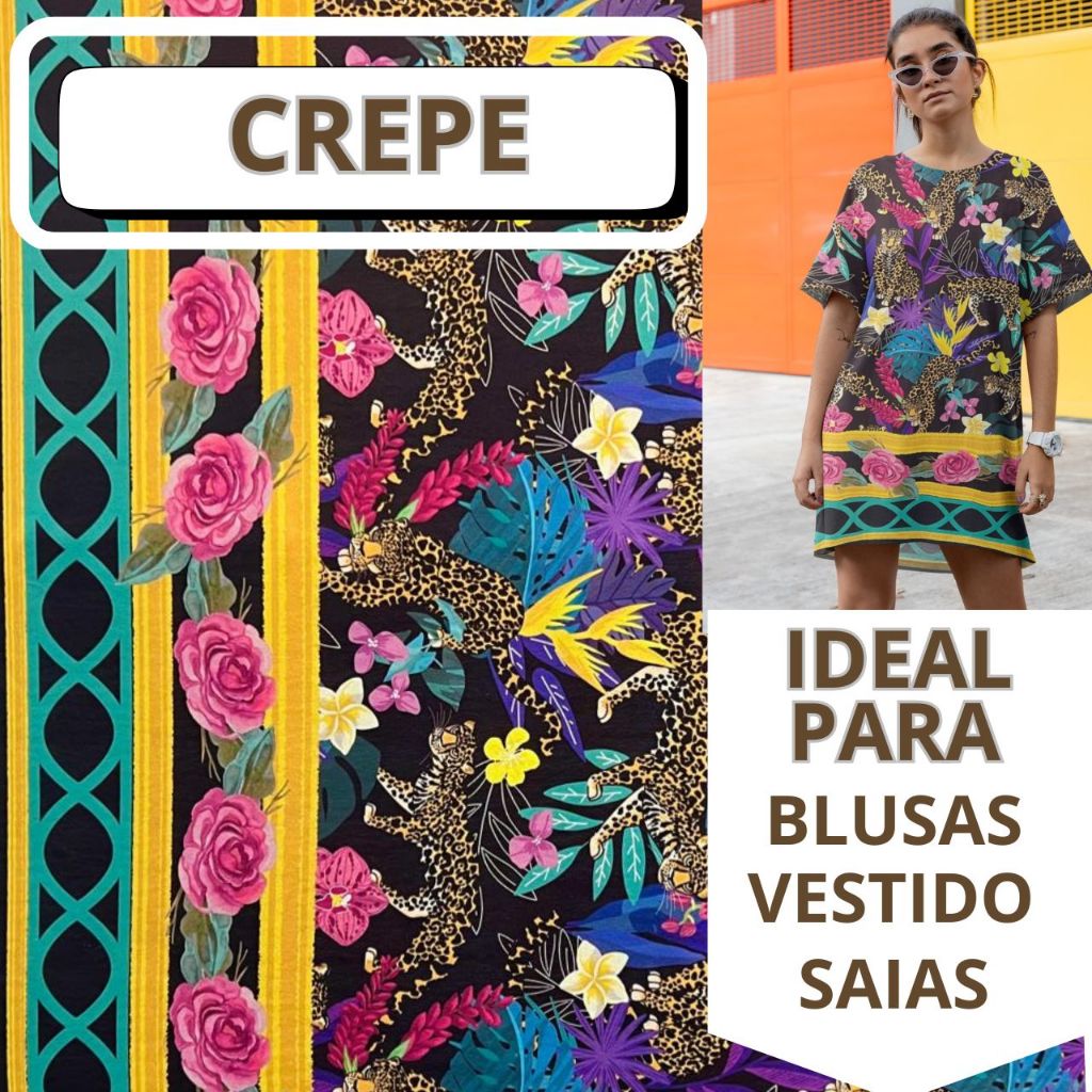Tecido Crepe  Estampado Farm tigre animal print onça colorido Crepinho Feminino leve, fresco e confortável para Vestido, macaquinho, macacão, blusinha, calça, pantalona, kaftã, canga, cropped, shorts, conjunto
