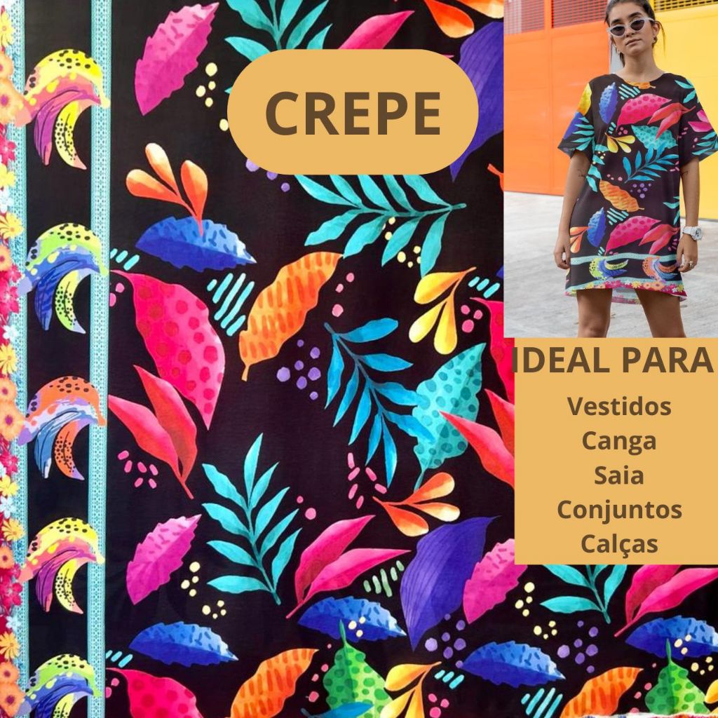 Tecido Crepe Estampado folhas coloridas com barrado tropical pano para vestido canga blusa