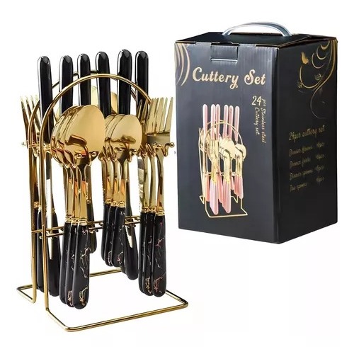 Conjunto De Talheres De Luxo Inoxidável 24 Pç Com Prateleira em Oferta na Shopee
