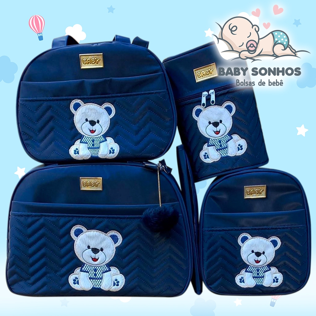 Kit Bolsa Maternidade Urso Sentado Mala para Bebê Material Térmico 5 PEÇAS