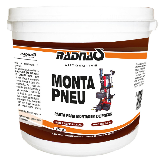 PASTA DE MONTAGEM DE PNEUS 2,5KG (INDICADA PARA A MONTAGEM E DESMONTAGEM DE TODOS OS TIPOS DE PNEUS) APLICAR O PRODUTO NO PNEU COM O AUXILIO DE UM PINCEL RADNAQ 7019
