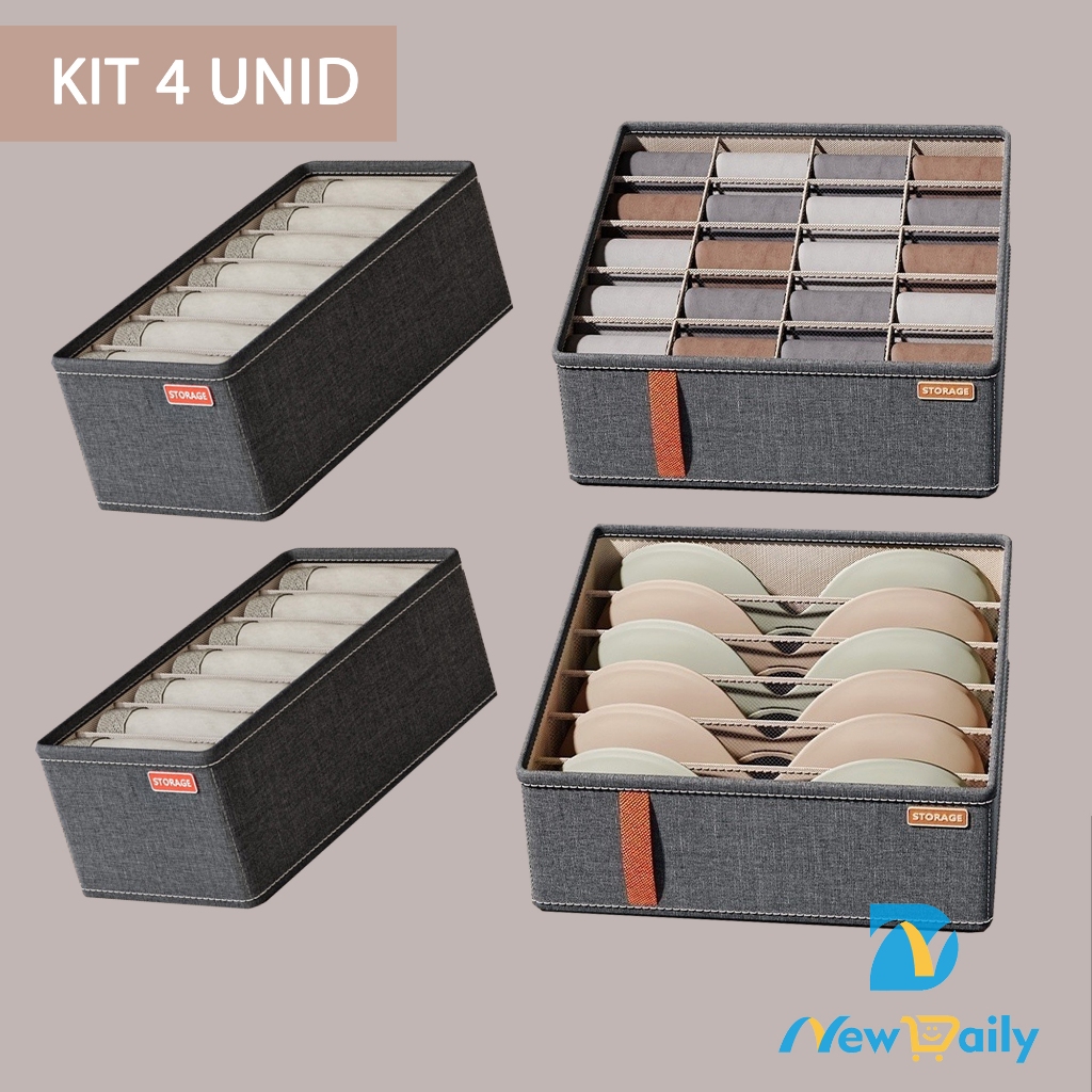 KIT 4 Caixa de armazenamento de roupas/roupas íntimas/meias organizadas Compartimentos De Gaveta ND-11/12/13