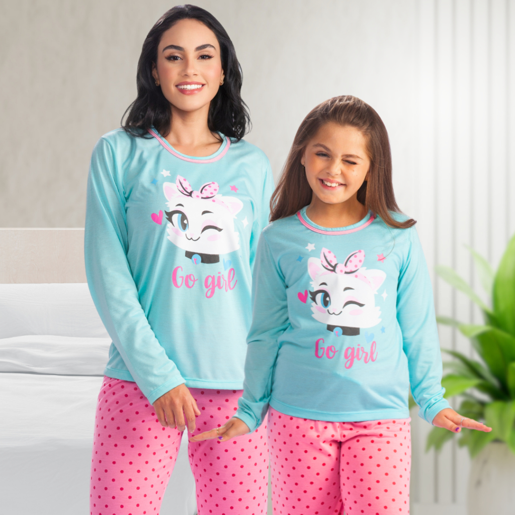 Kit 2 Pijamas de Inverno Conjunto Longo Mãe e Filha Calça e Blusa de Frio Gata POP