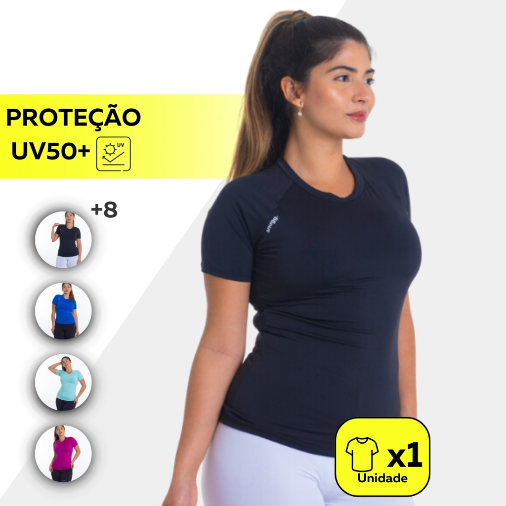 Camiseta Curta Feminina Esportiva Proteção Solar UV50+ Snugg Esporte Academia