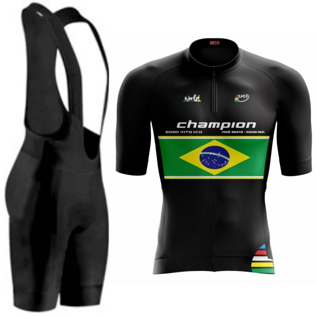 Conjunto de Pedalar Acolchoado Bretelle Gel e Camisa Brasil Way Bike em Oferta na Shopee