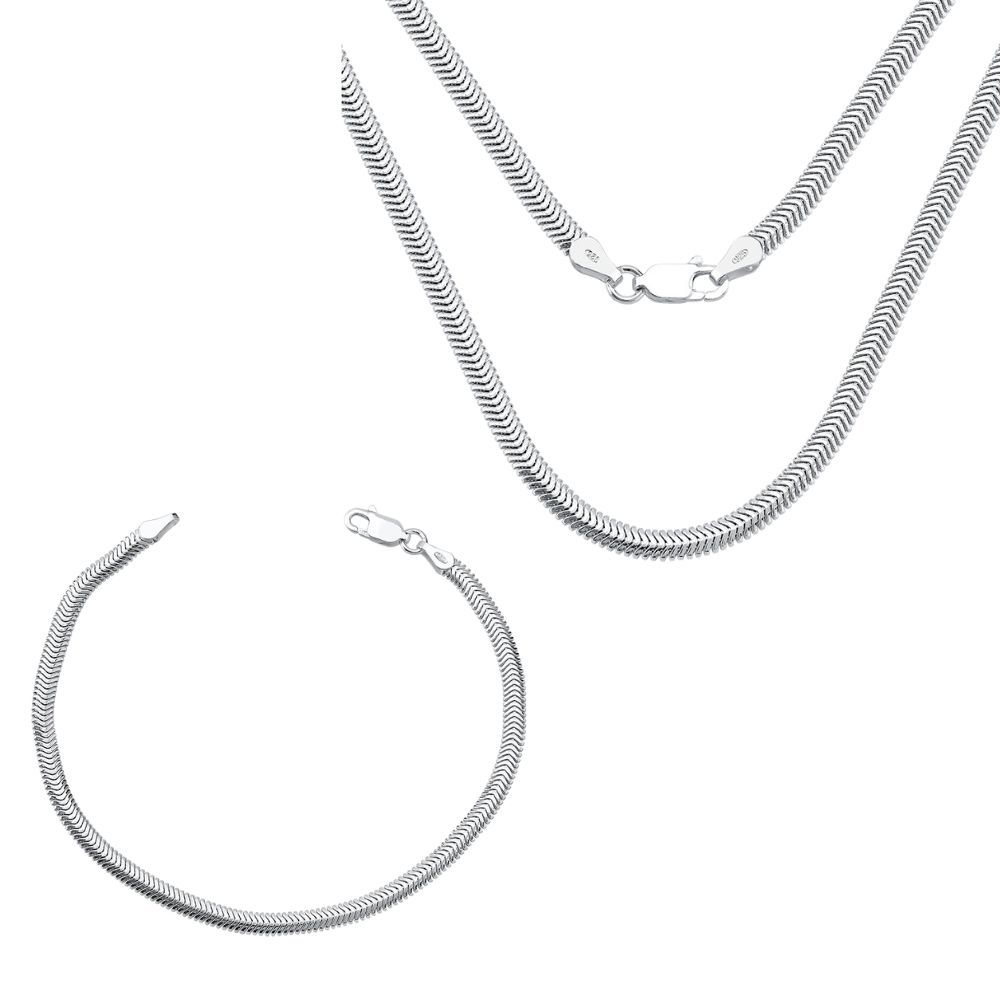 Kit Corrente e Pulseira Feminina de Prata 925 Rabo de Rato Achatada 45cm 3mm
