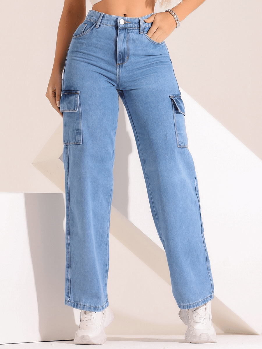 Calça Jeans Feminina Cargo Wind Leg Cargo Cintura Alta Levanta Bumbum Cos Alto Pantalona Tecido 100% Algodao