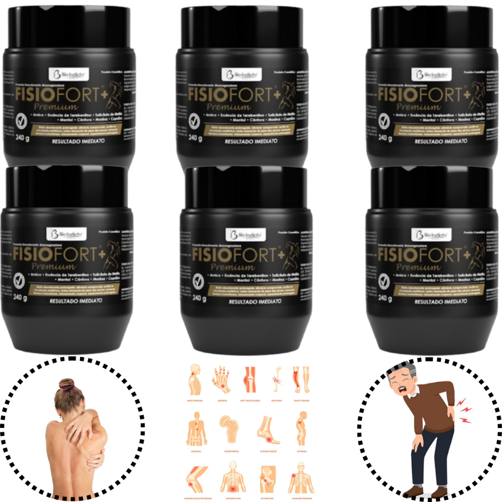 Kit 6 Potes Fisiofort+ Premium Massageador Corporal Relaxamento Intensivo 240g