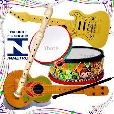 Kit Musical Infantil 5 Peças Guitarra Violão Tambor Pandeiro Flauta Brinquedo Educativo Inmetro