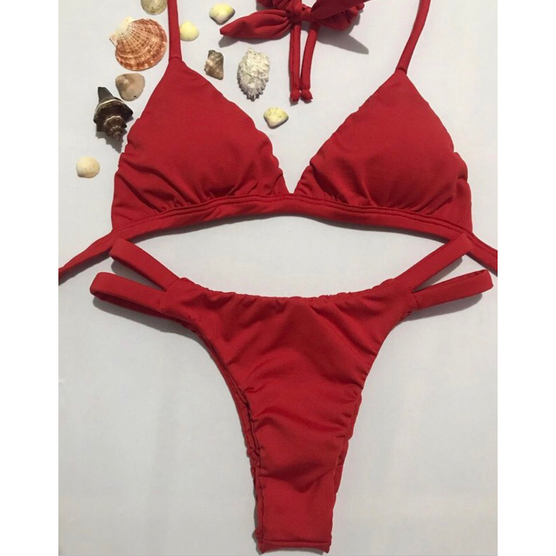 Biquíni Marina - sutiã fixo de amarrar com calcinha de duas tiras - vermelho - bojo removível