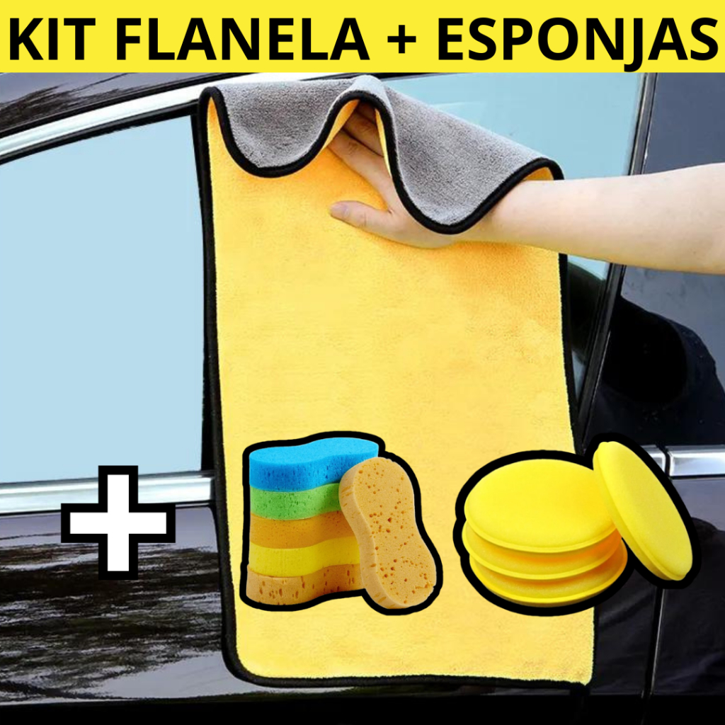 Limpeza Automotiva Flanela de Microfibra Dupla Face + Esponja Limpeza + Espuma Cera Automotiva