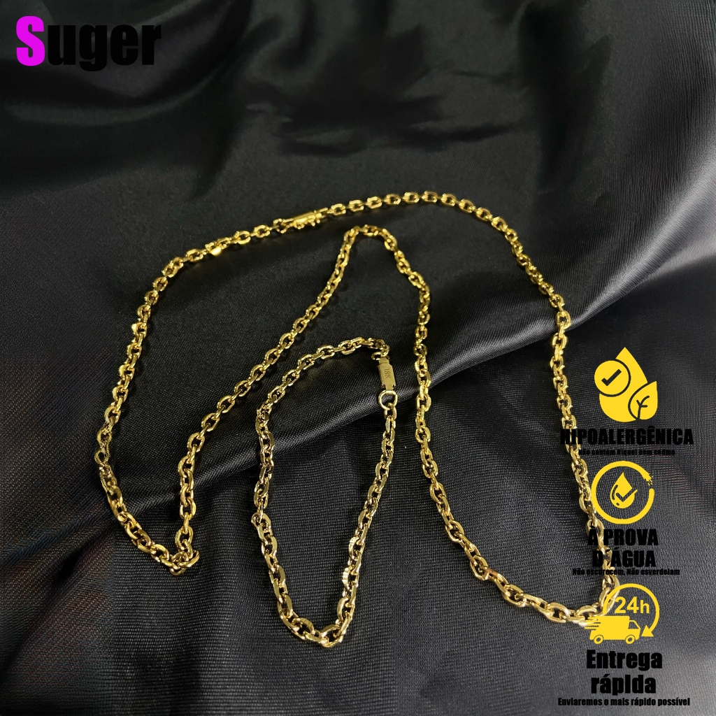 CONJUNTO MASCULINO CORRENTE + PULSEIRA CADEADO BANHADOS A OURO