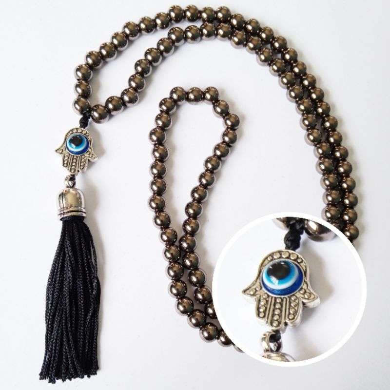 Imagem Japamala 108 Contas Pérola Grafite, Passador Mão De Fátima E Olho Grego Azul Rosário Budista Ref:260