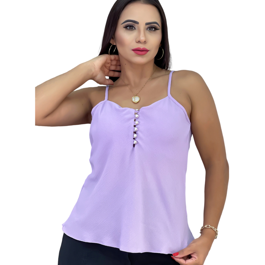 Blusa Regata Botão Feminina Detalhe C/ Pérolas Pedraria Alcinha Regulavel Verão Cores Variadas